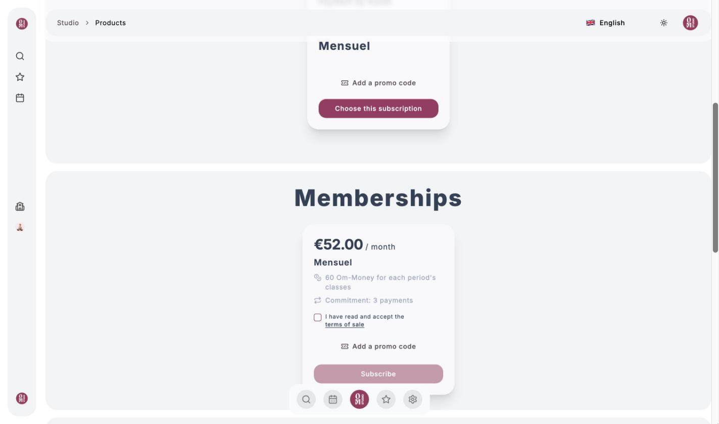 Memberships offer: €52 per month, 60 Om-Money for each period's classes, commitment of 3 payments
