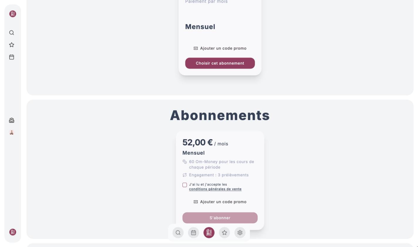 Offre Abonnements : 52 € par mois, 60 Om-Money pour les cours de chaque période, engagement 3 prélèvements