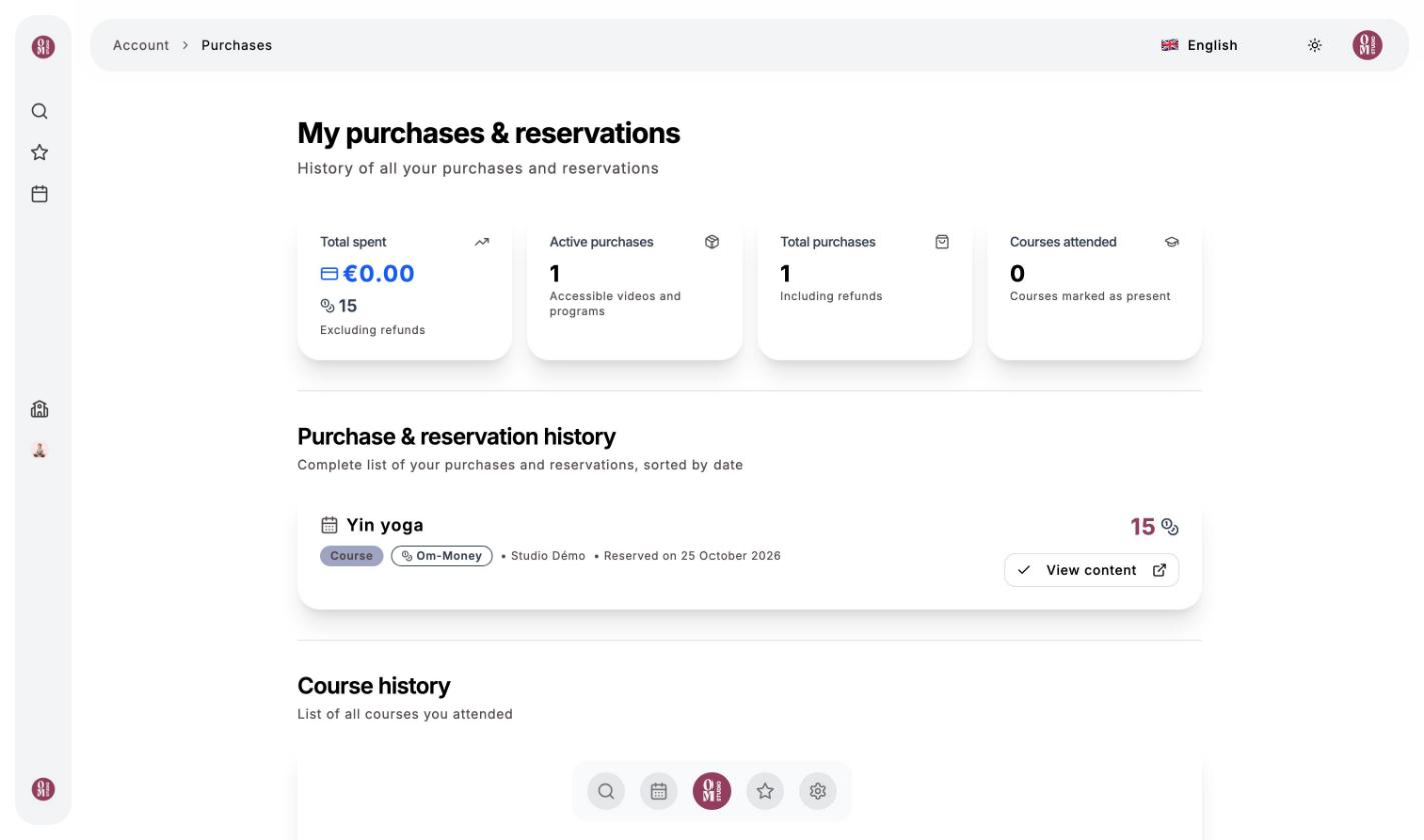 My purchases & reservations page: totals and history