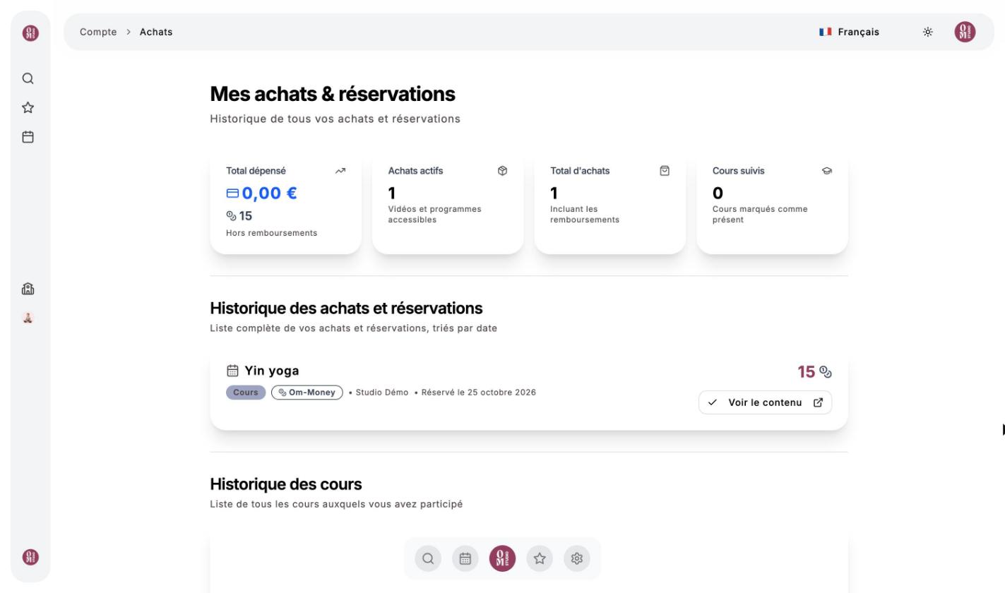Page Mes achats et réservations : totaux et historique