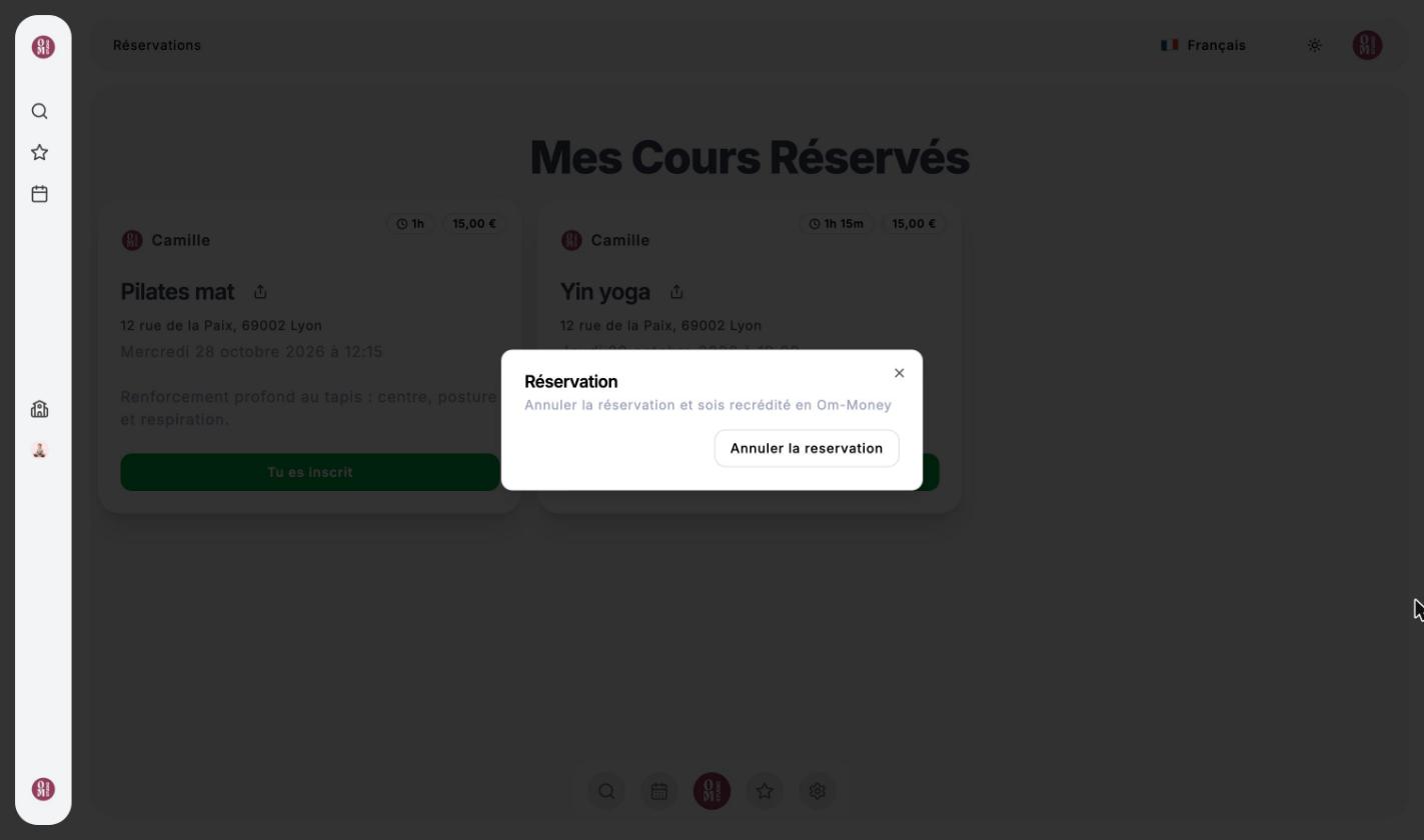 Fenêtre Réservation : Annuler la réservation et sois recrédité en Om-Money