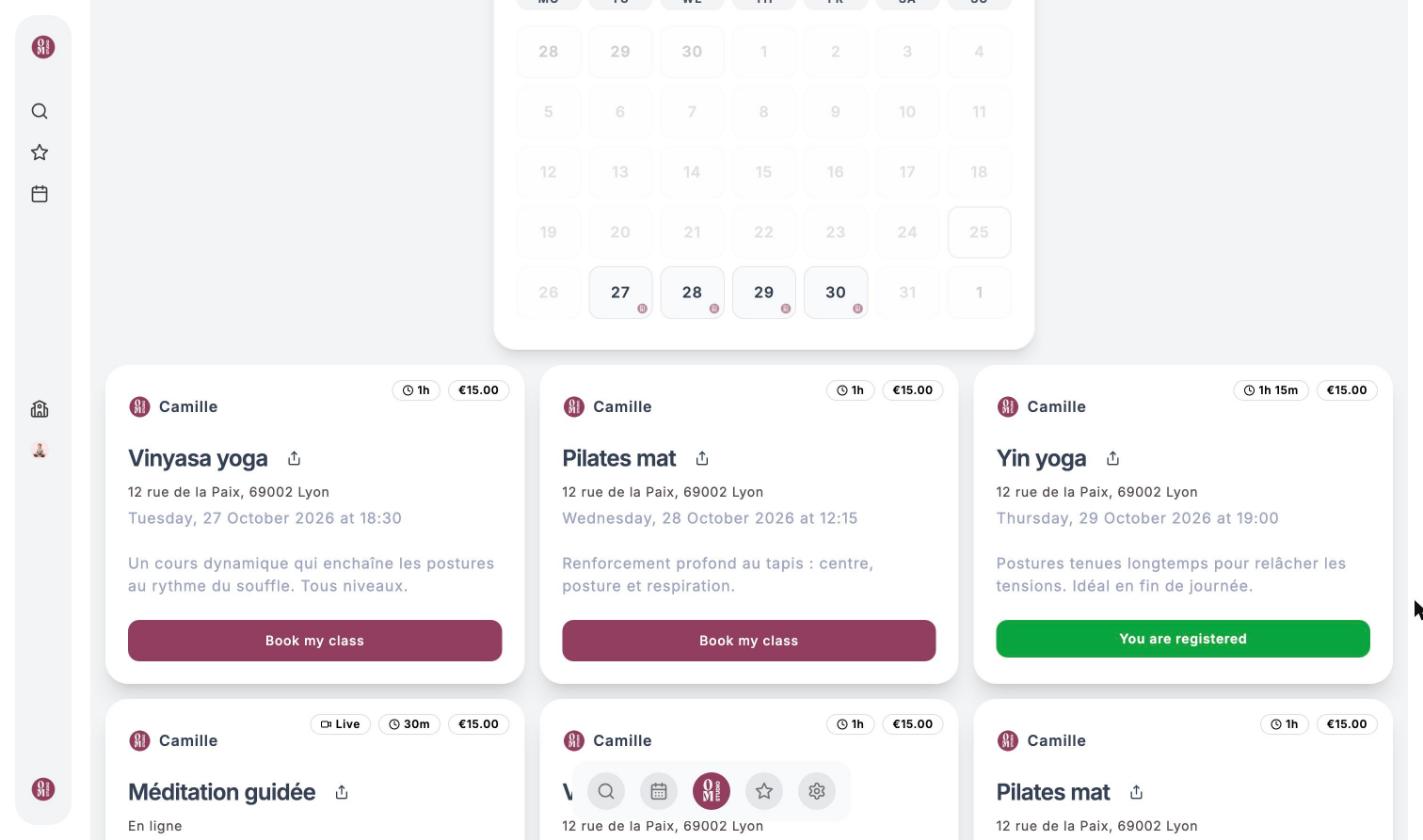 A studio's calendar: days with classes marked with a dot and class cards with the Book my class button