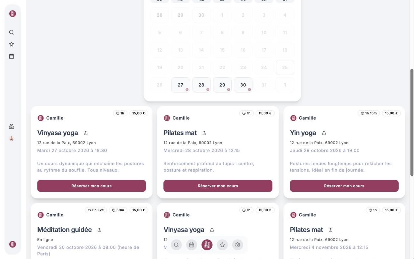 Calendrier d'un studio avec les prochains cours et le bouton Réserver mon cours