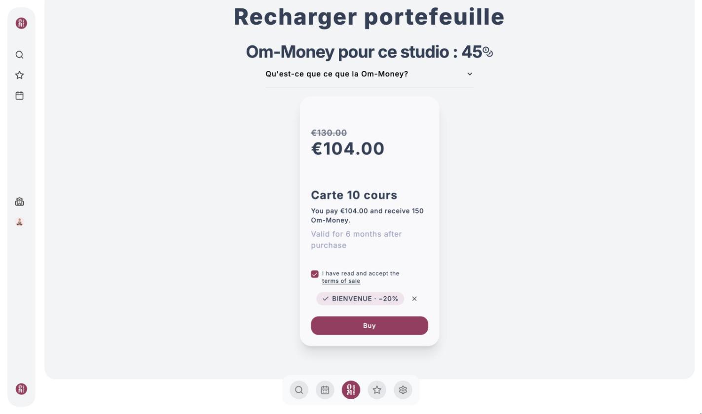 Carte 10 cours top-up: €130 struck through, €104 with the BIENVENUE code for 20% off