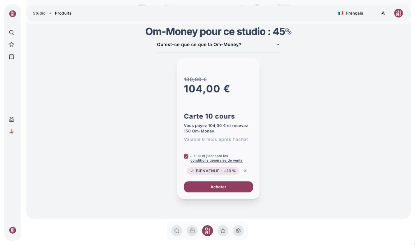 Recharge Carte 10 cours : 130 € barré, 104 € avec le code BIENVENUE à moins 20 %