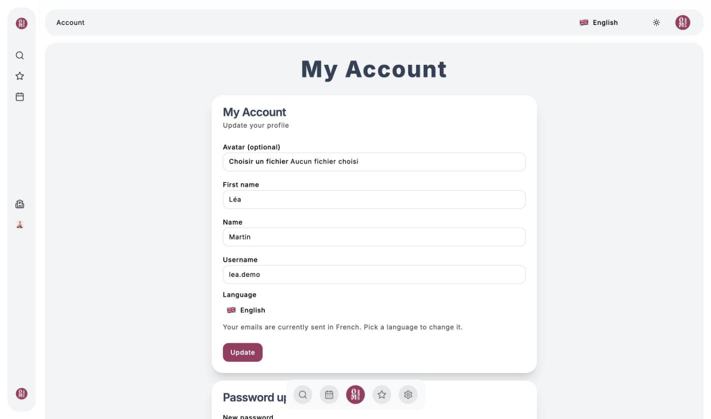 My Account page: avatar, first name, last name, username and language