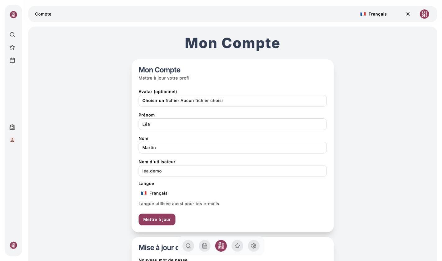 Page Mon Compte : avatar, prénom, nom, nom d'utilisateur et langue