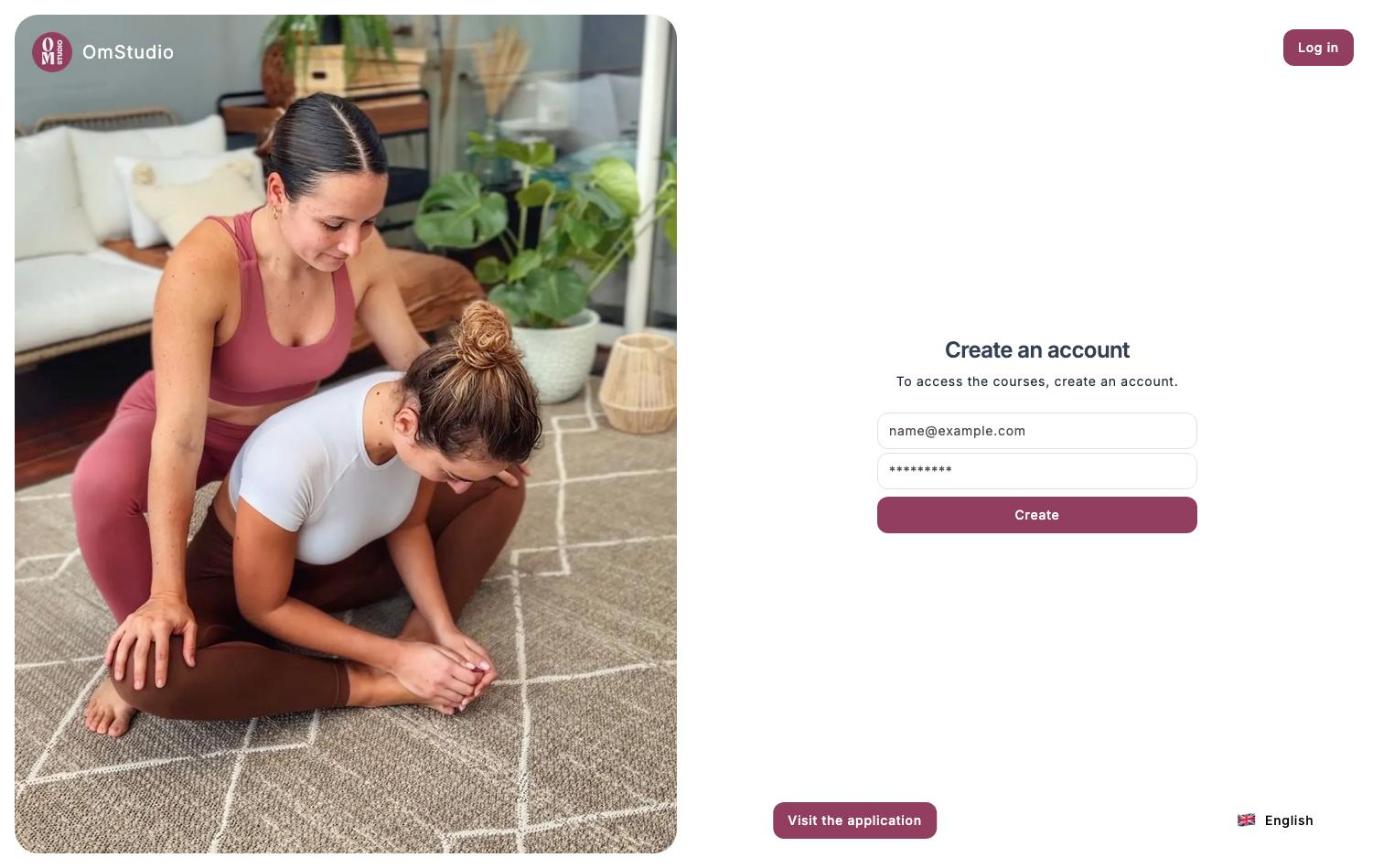 Create an account page with the email and password fields