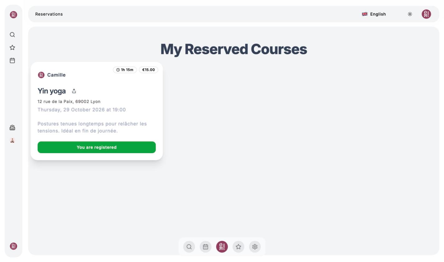 My Reserved Courses page with upcoming classes