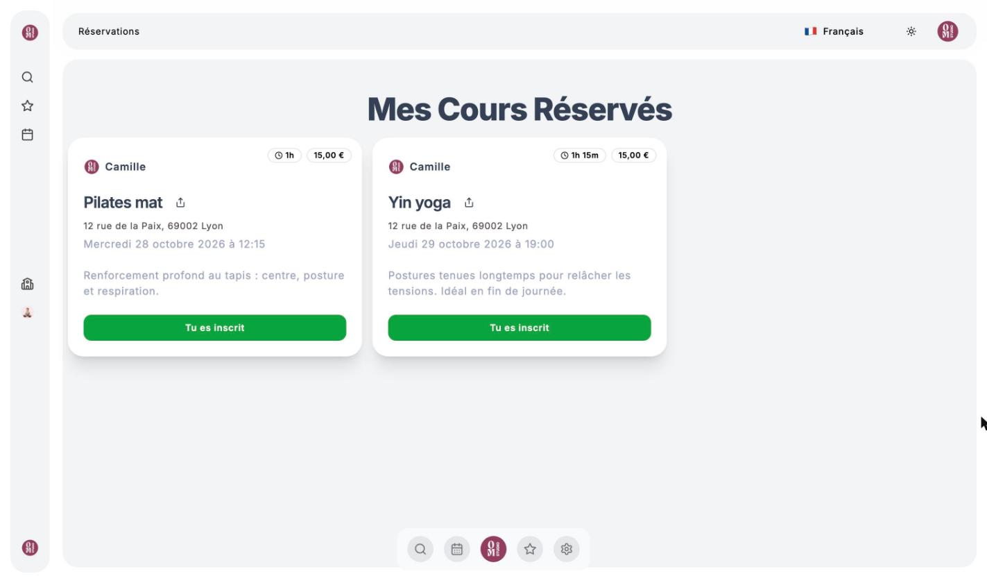 Page Mes Cours Réservés avec les cours à venir