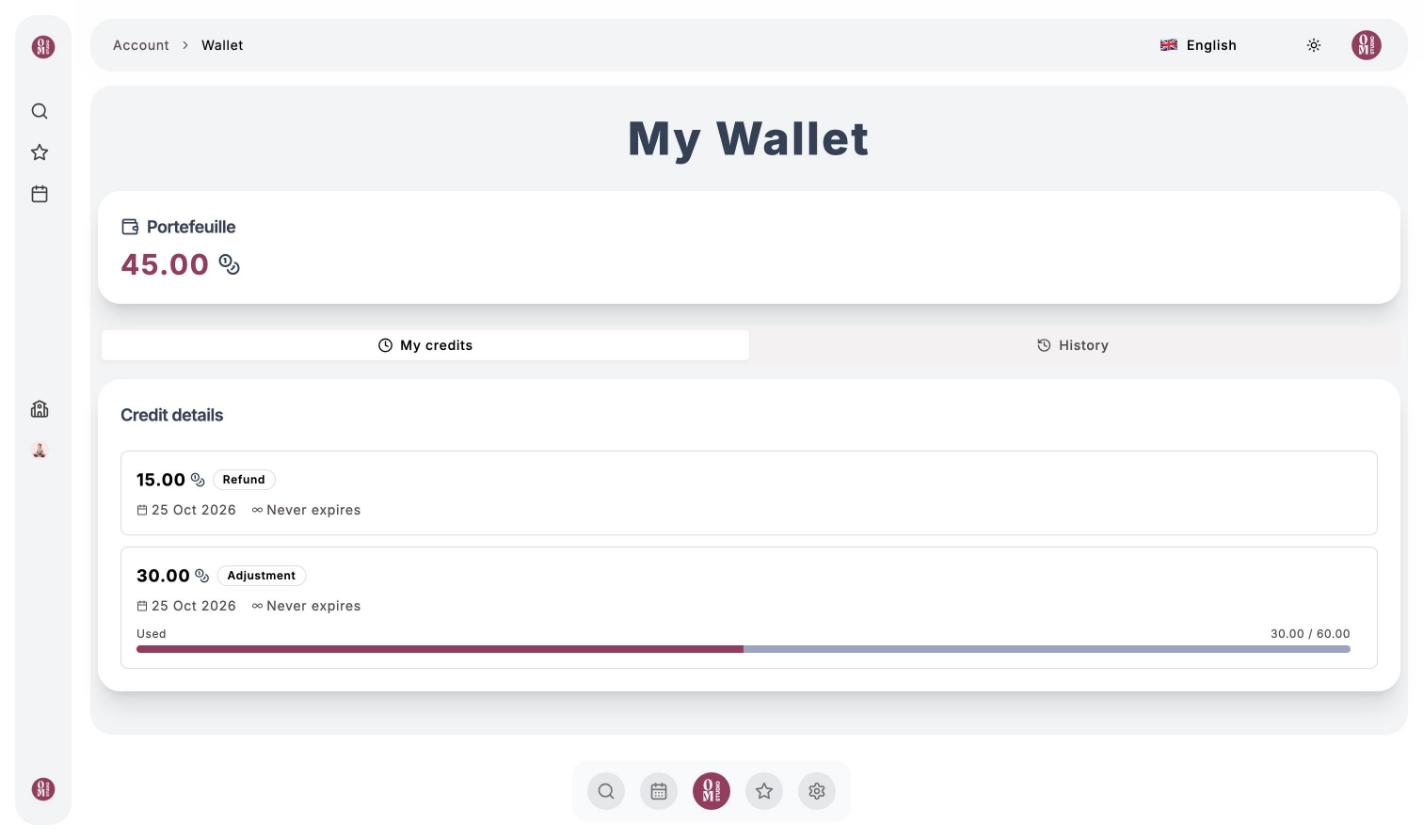 My Wallet: balance of 45 Om-Money and credit details by batch