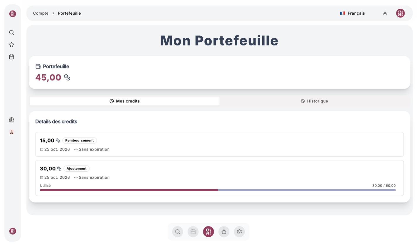 Mon Portefeuille : solde de 45 Om-Money et détail des crédits par lot