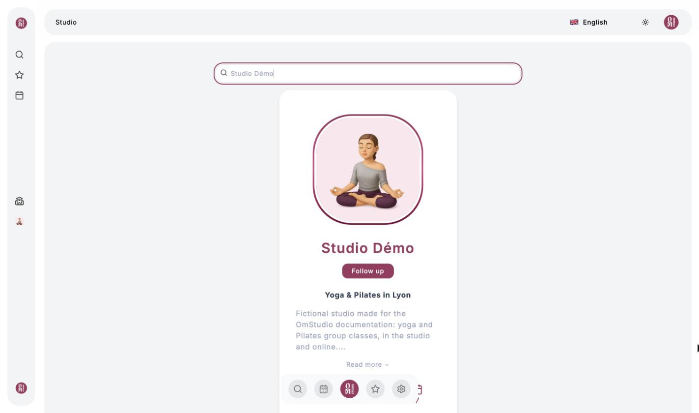 Searching for a studio: the Studio Démo card with the Follow up button