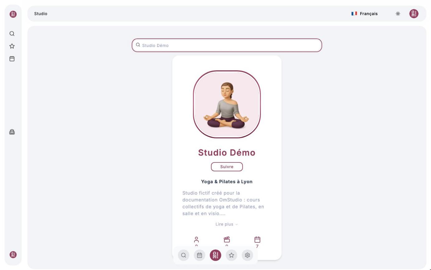 Recherche d'un studio : la carte du Studio Démo avec le bouton Suivre