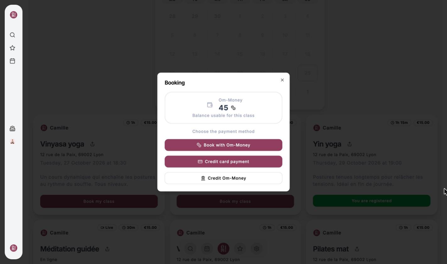 Booking window with a balance of 45 Om-Money