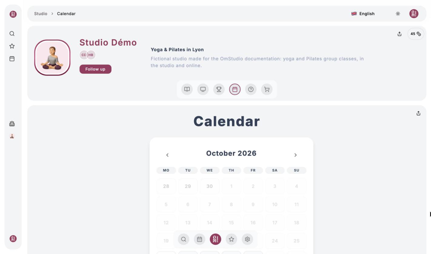 A followed studio's page: logo, teachers, description and icon bar