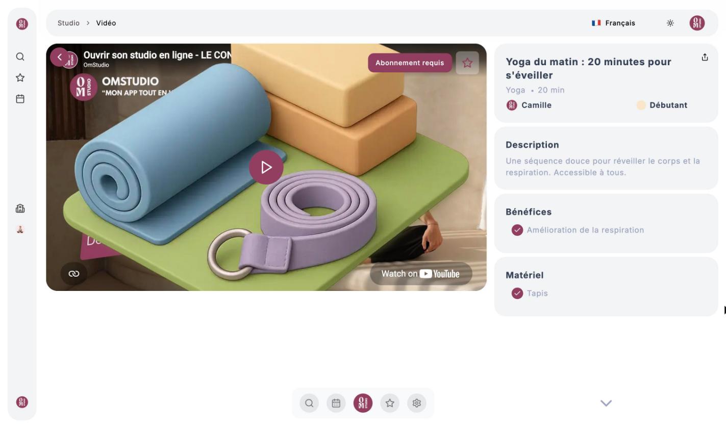 Page d'une vidéo avec le badge Abonnement requis, la description, les bénéfices et le matériel