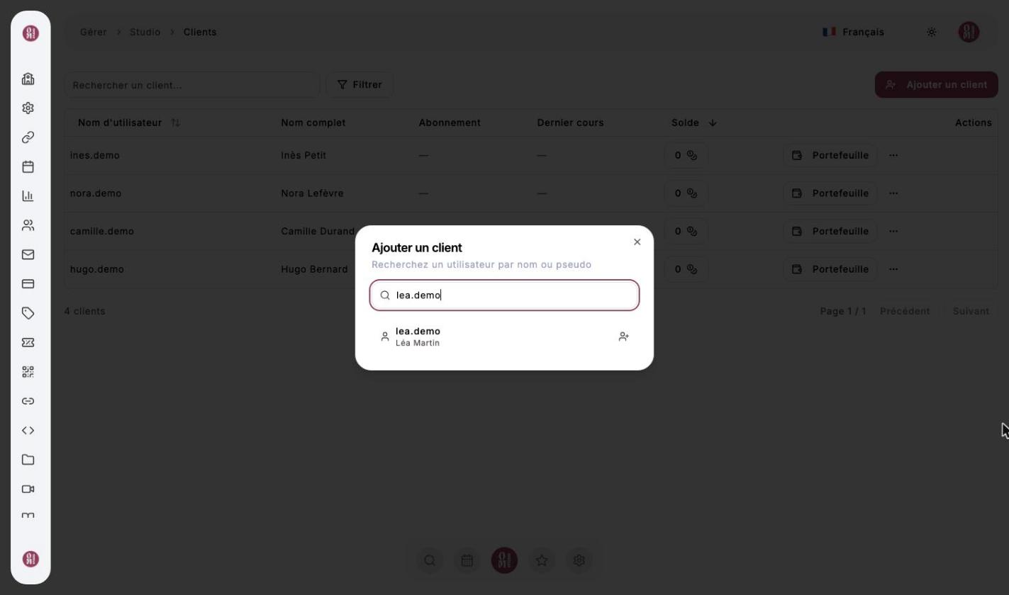 Fenêtre Ajouter un client avec la recherche lea.demo