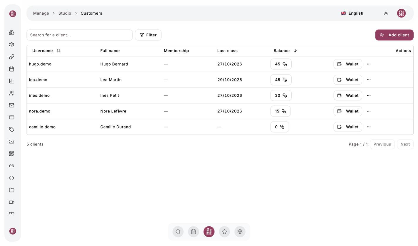 Client list of the demo studio with each client's last class and Om-Money balance