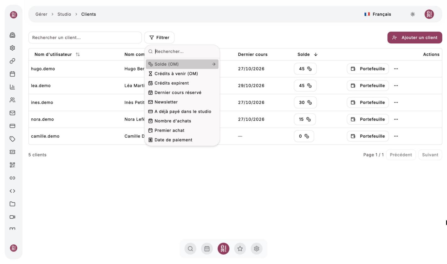 Menu Filtrer de la liste des clients