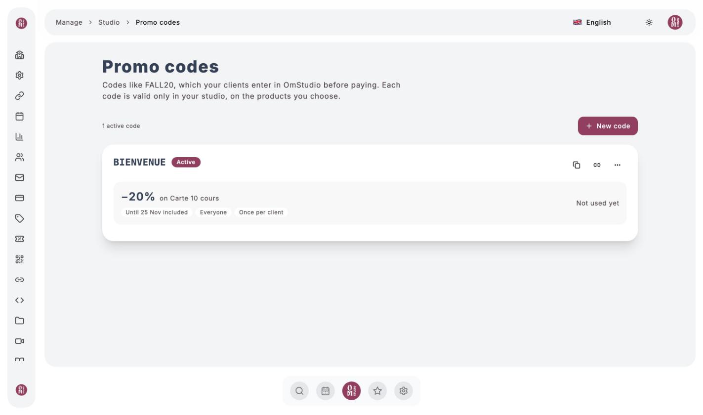Promo code list: BIENVENUE, 20% off Carte 10 cours, active