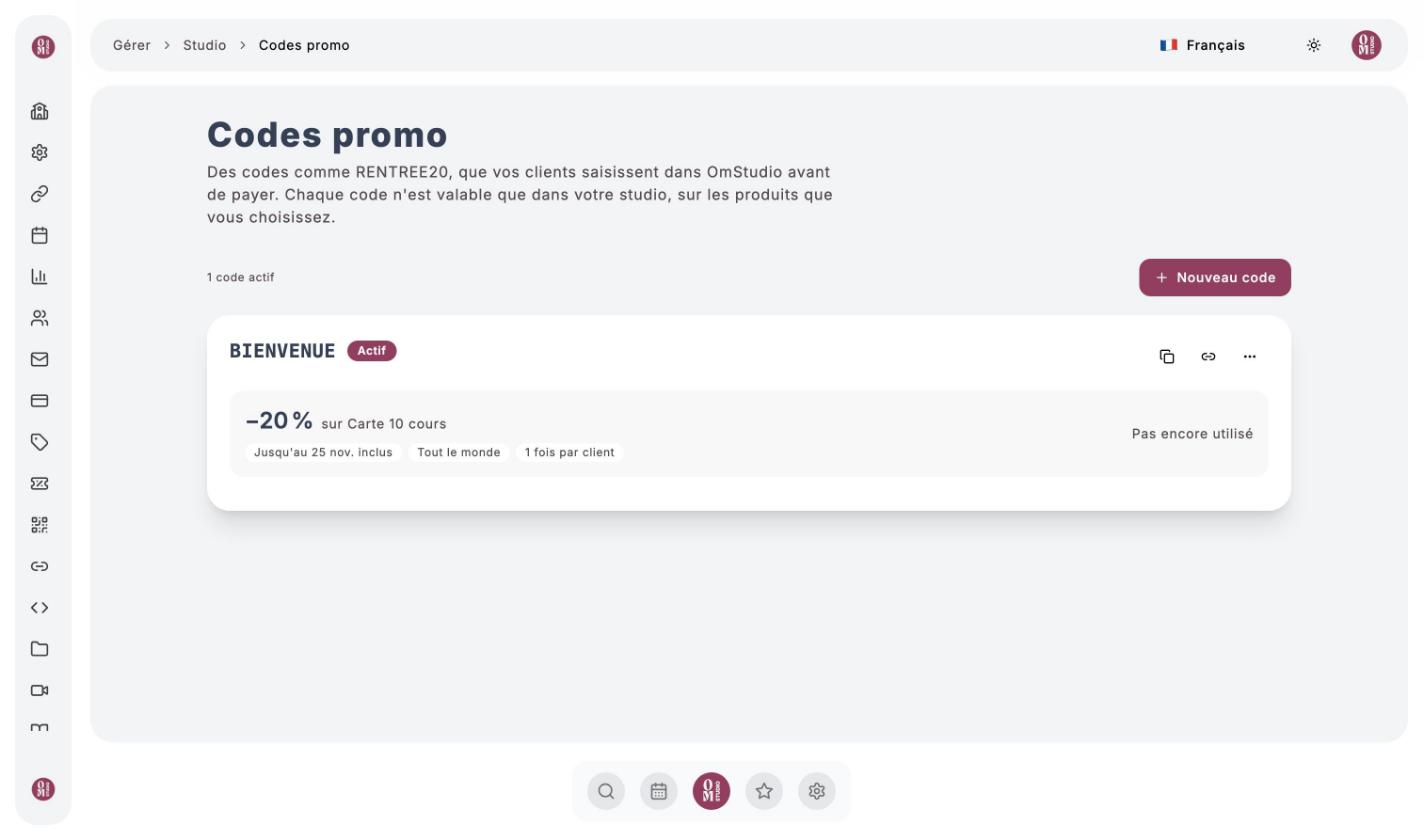 Liste des codes promo : BIENVENUE, moins 20 % sur Carte 10 cours, actif