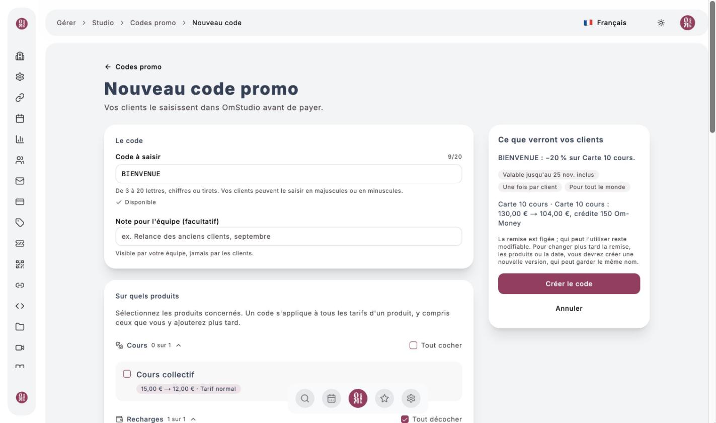Création du code BIENVENUE : aperçu 130 € devient 104 €, valable jusqu'au 25 novembre, une fois par client