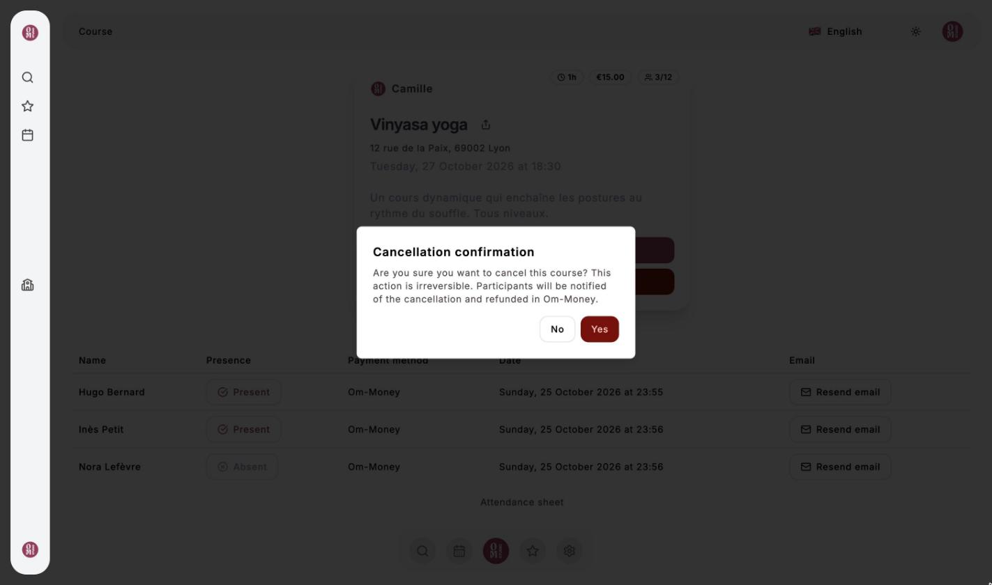 Cancellation confirmation window: participants will be notified and refunded in Om-Money