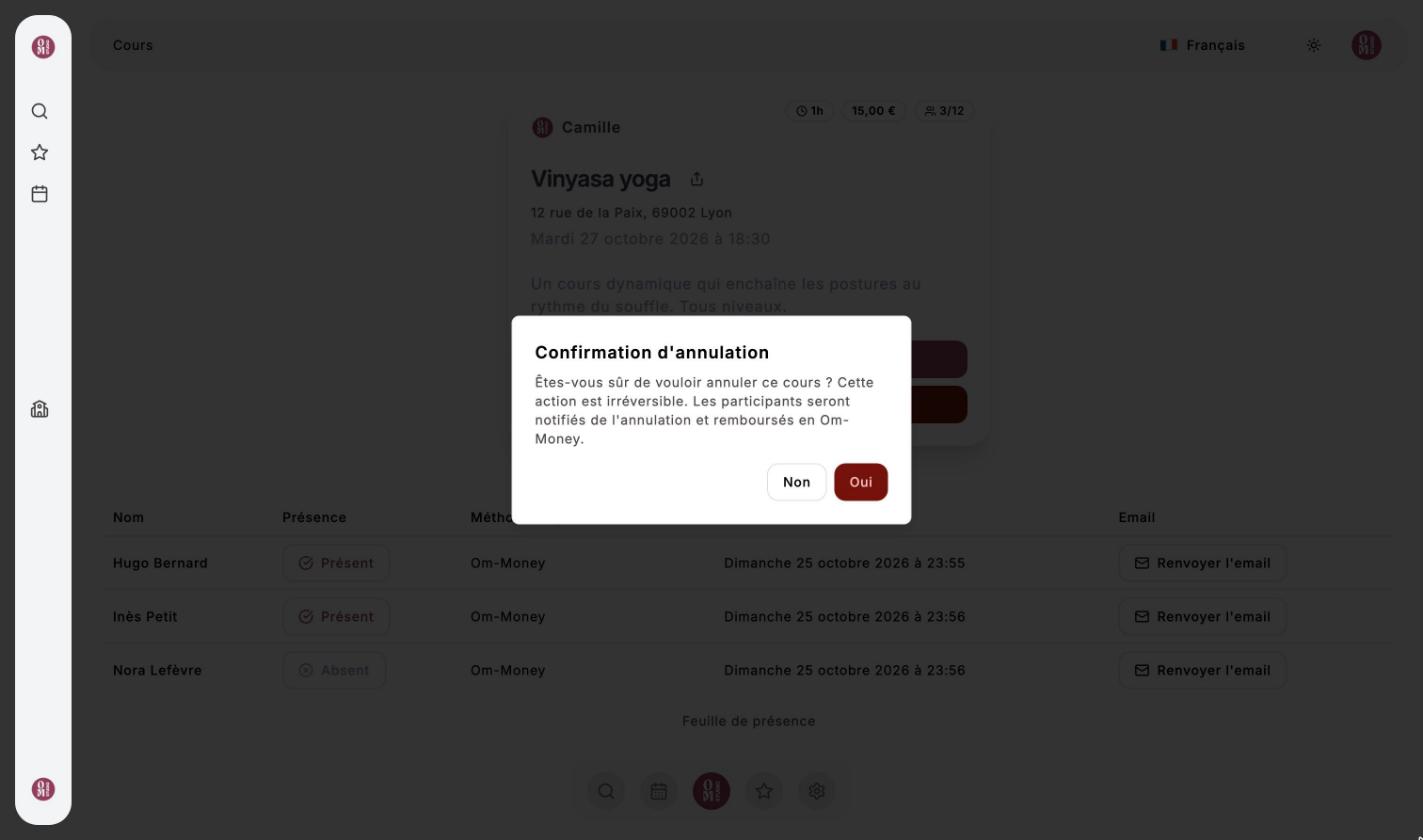 Fenêtre Confirmation d'annulation : les participants seront notifiés et remboursés en Om-Money
