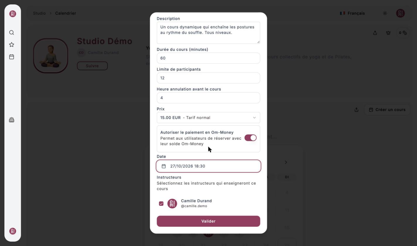 Suite du formulaire : prix 15 €, paiement en Om-Money autorisé, date du 27 octobre à 18 h 30, instructrice cochée