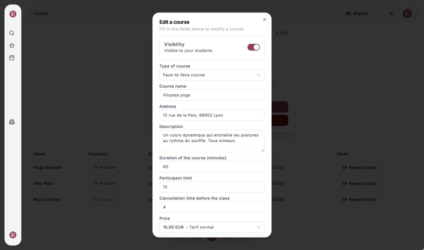 Class form (here opened with Edit a course, same fields as when creating): visibility, type of course, name, address, description, duration, participant limit, cancellation time and price