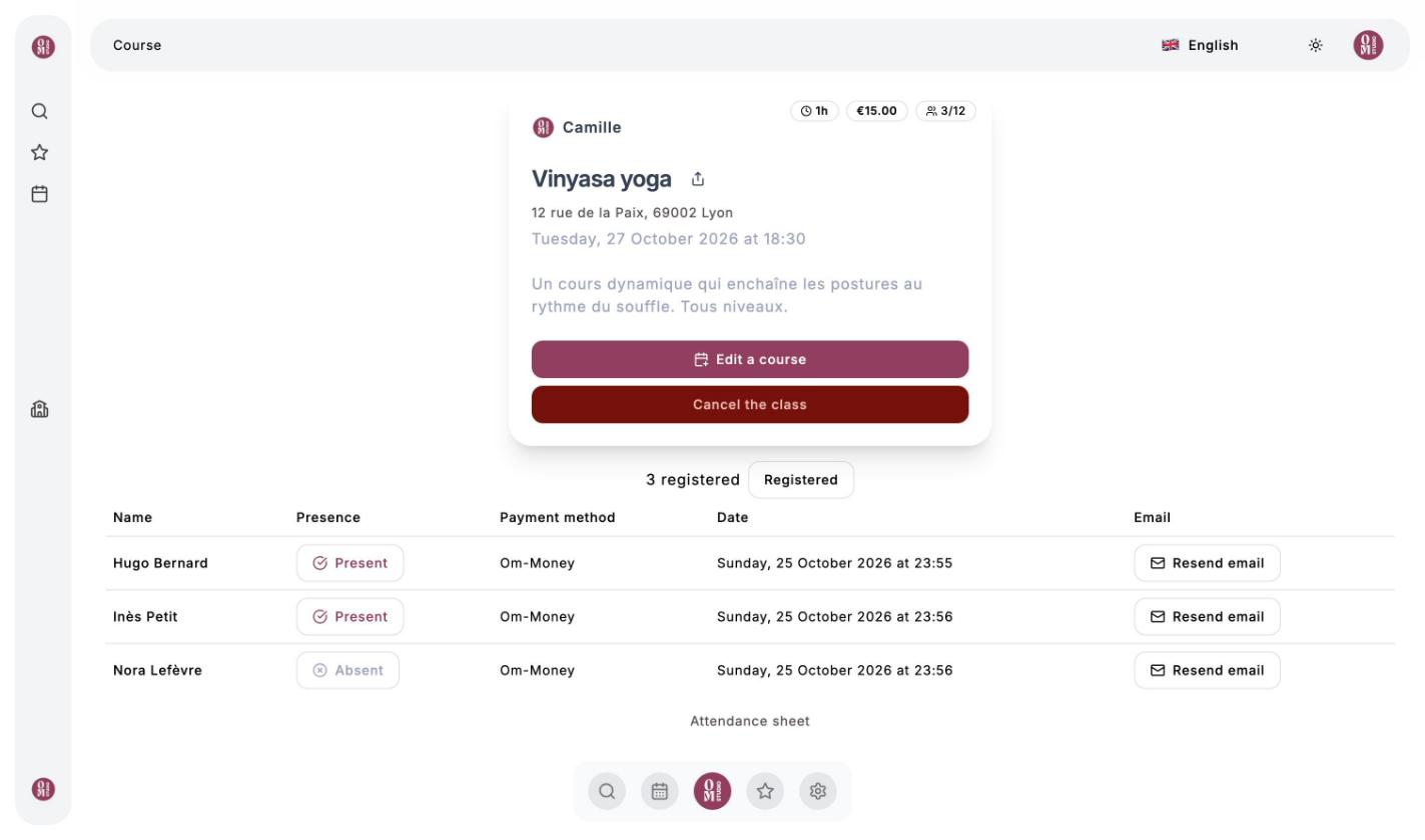 Class page: three registered clients who paid with Om-Money, two marked present
