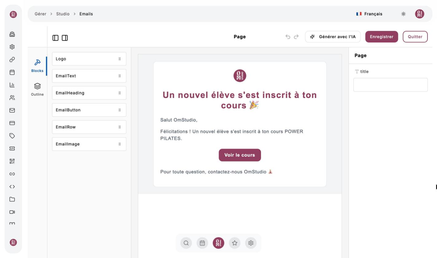 Éditeur d'e-mail : blocs à gauche, aperçu au centre, bouton Générer avec l'IA