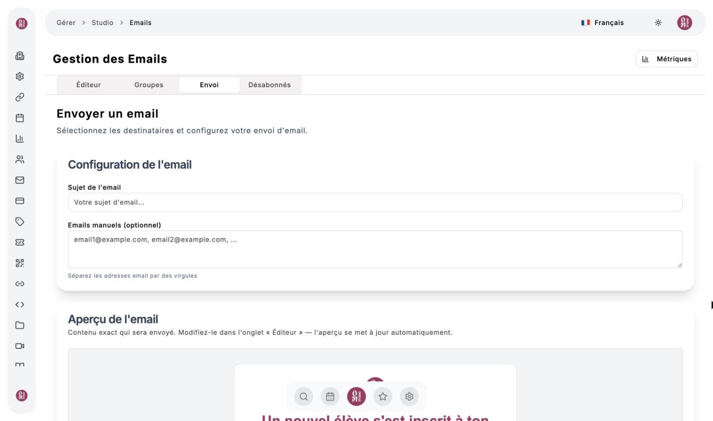 Onglet Envoi : sujet de l'e-mail, adresses manuelles et aperçu