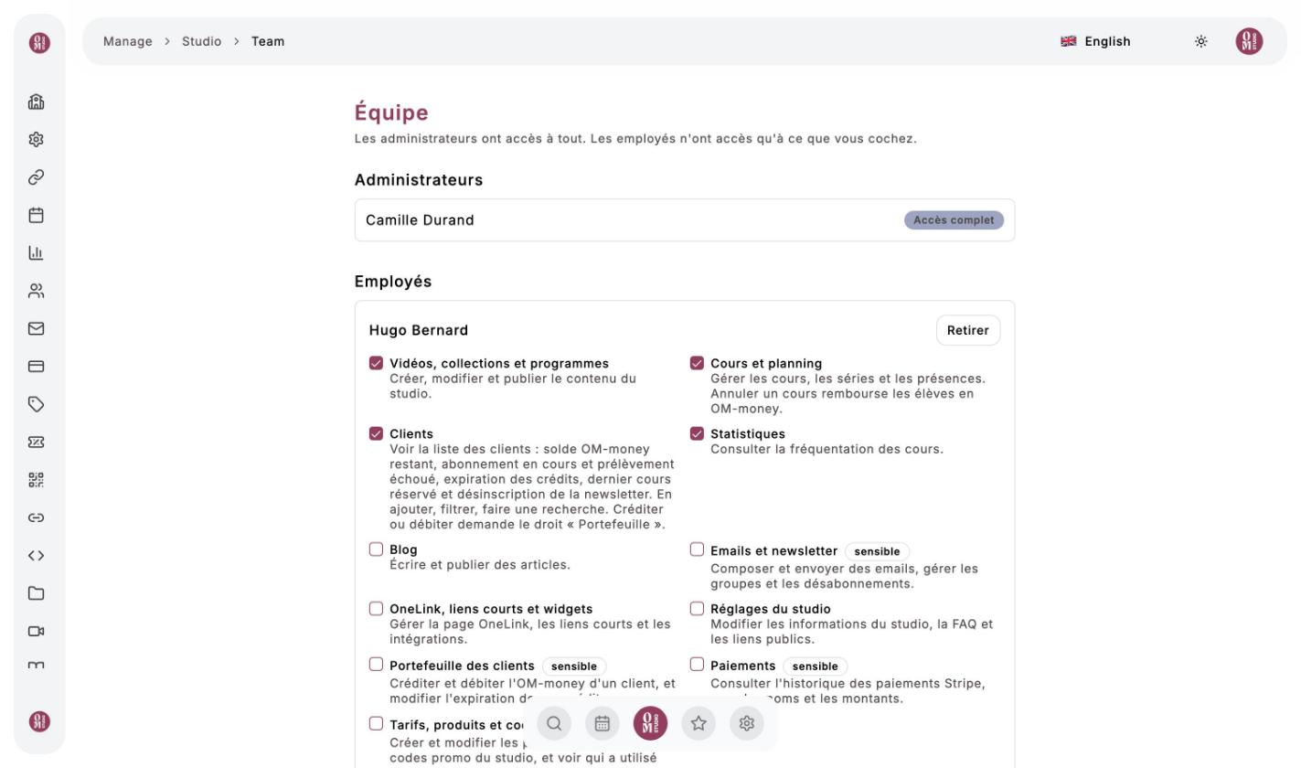 Équipe (Team) page: Camille as administrator, Hugo as employee with his access ticked