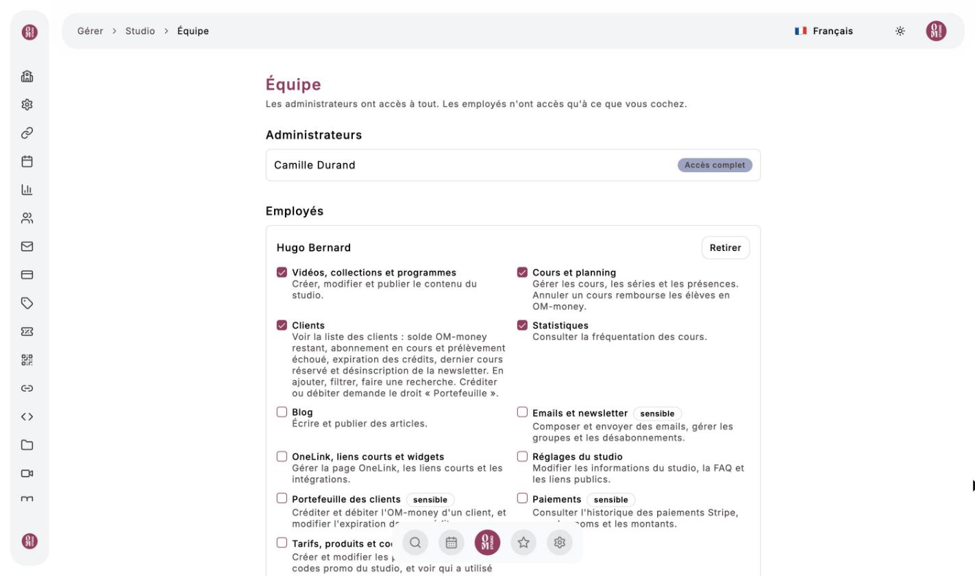 Page Équipe : Camille administratrice, Hugo employé avec ses accès cochés