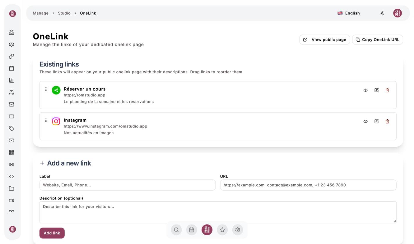 OneLink management with two links: Réserver un cours (Book a class) and Instagram
