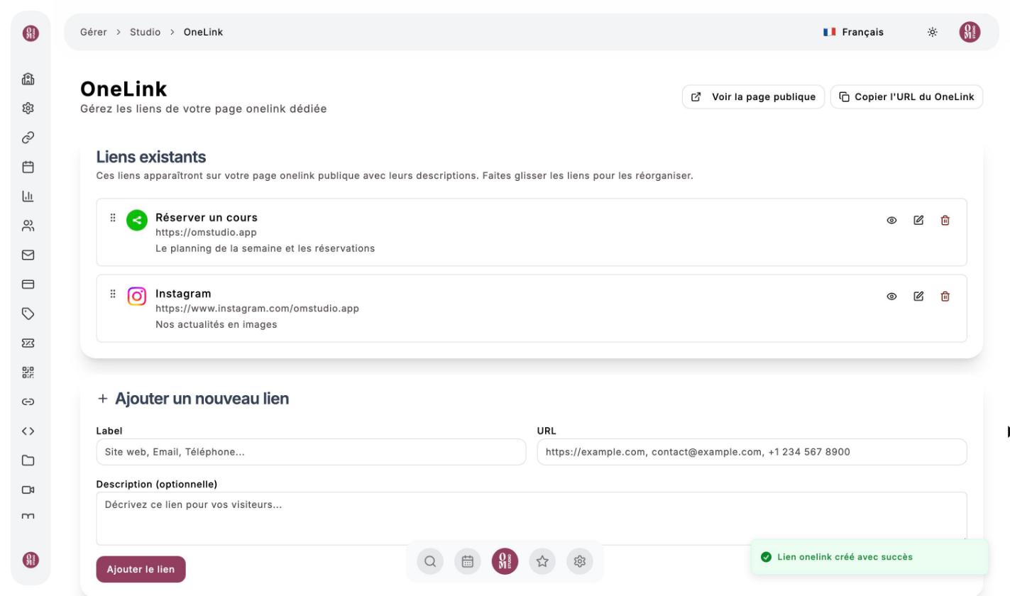 Gestion du OneLink avec deux liens : Réserver un cours et Instagram