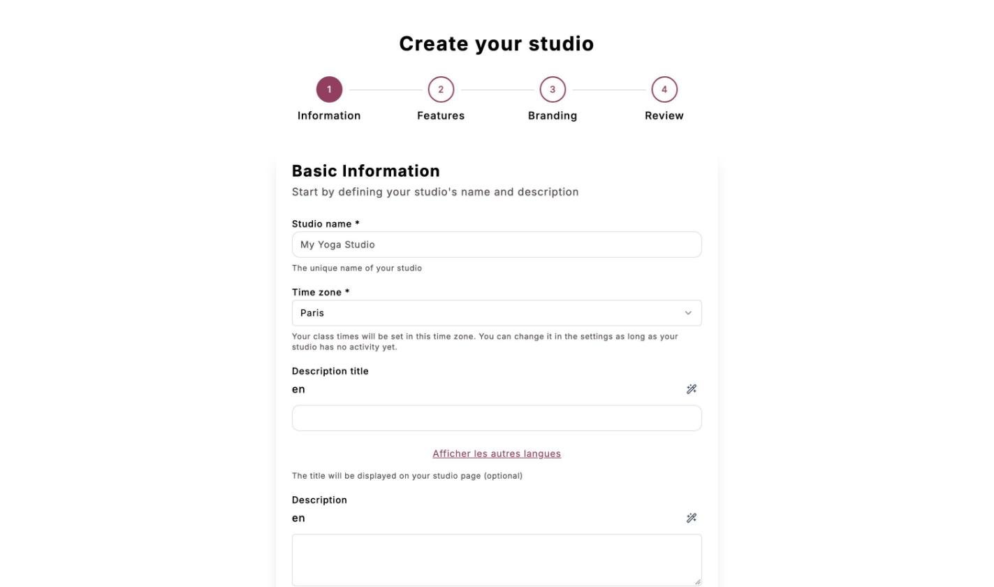 Information step: studio name, time zone set to Paris, description title and description