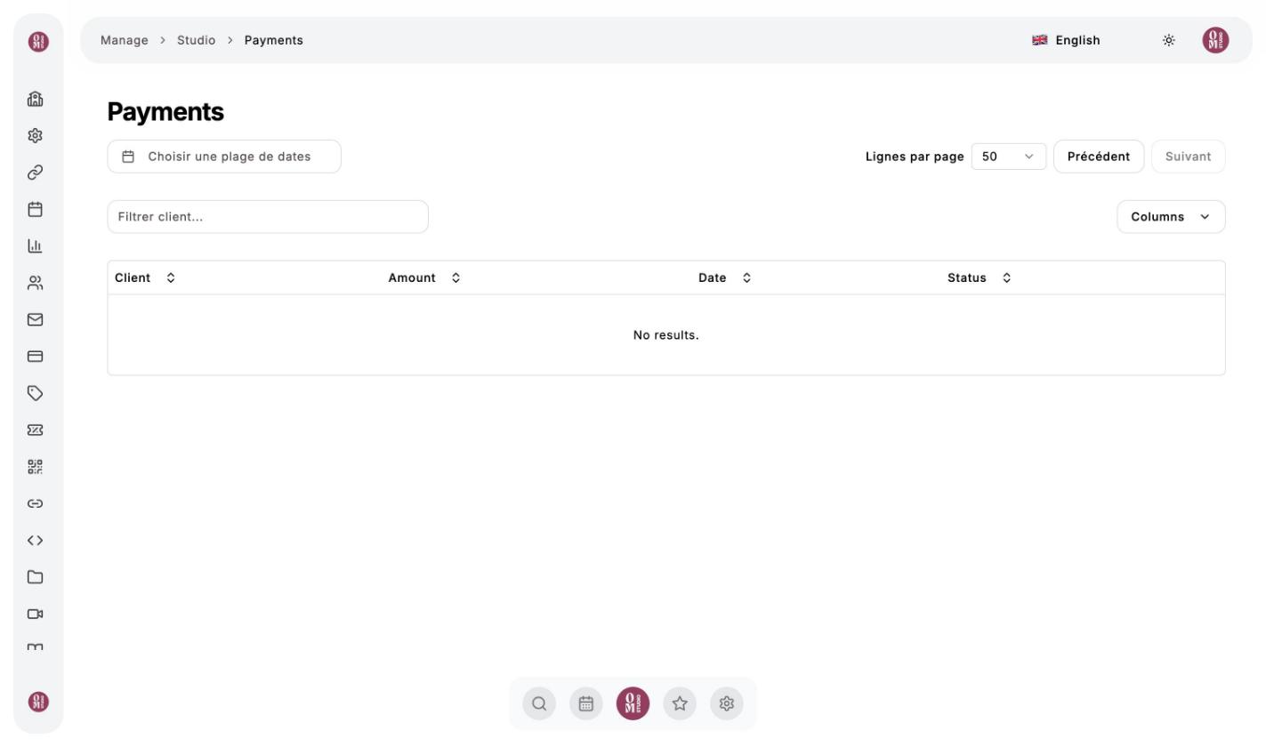 Payments page with the date range filter, the client search and the payments table