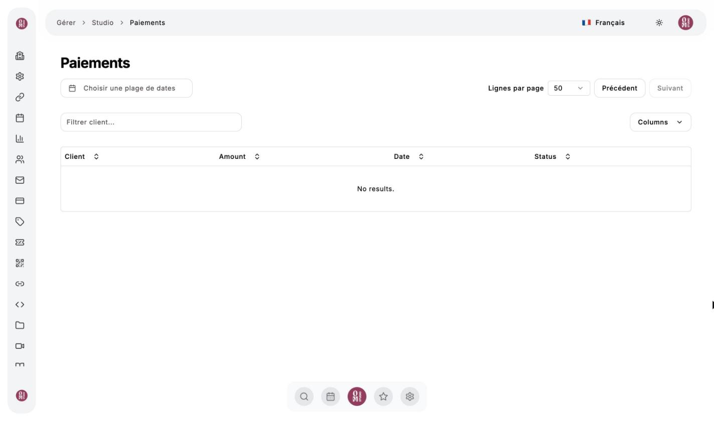 Page Paiements avec le filtre de dates, la recherche par client et le tableau des paiements