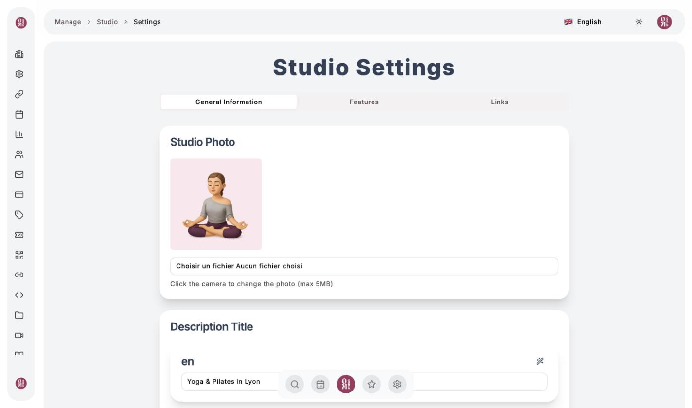 Studio Settings: General Information, Features and Links tabs, studio photo