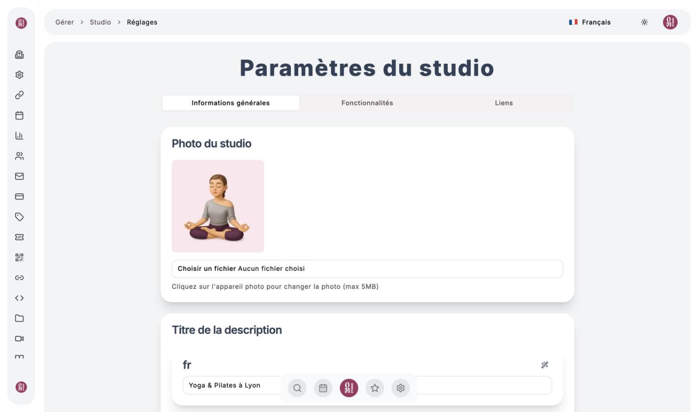 Paramètres du studio : onglets Informations générales, Fonctionnalités et Liens, photo du studio