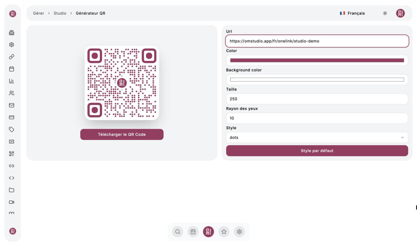 Générateur QR : aperçu du QR code et réglages de couleur, taille et style