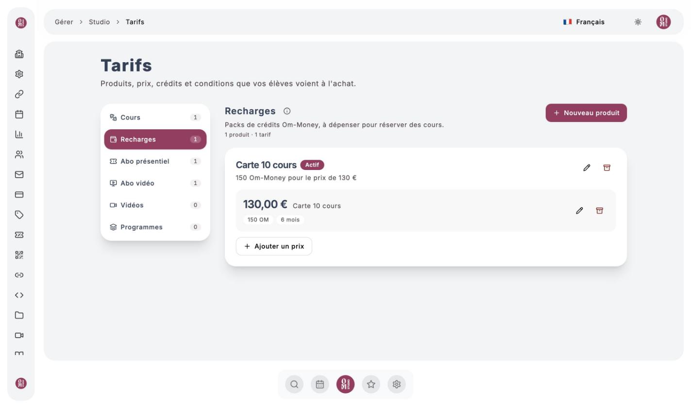 Page Tarifs : familles de produits à gauche, recharge Carte 10 cours à 130 € pour 150 OM valables 6 mois