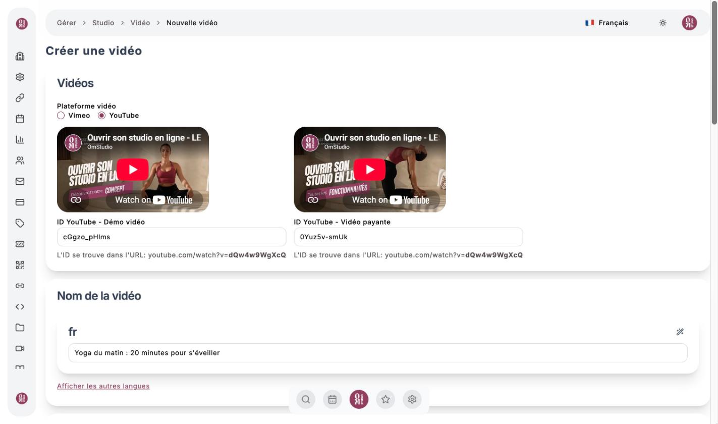 Formulaire Créer une vidéo : YouTube, identifiants de démo et de vidéo payante avec aperçu, nom de la vidéo