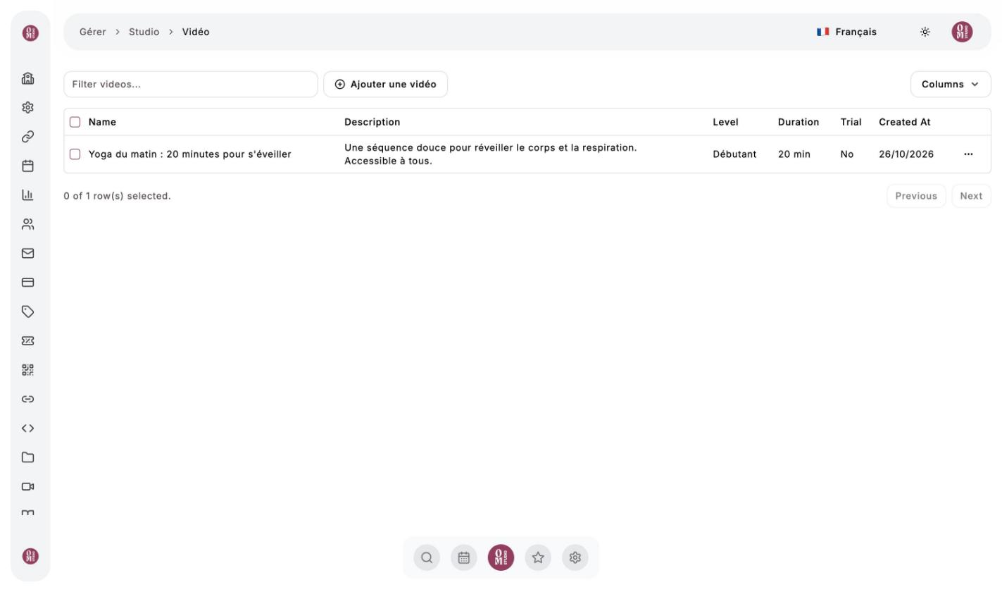 Liste Mes vidéos : nom, description, niveau, durée, essai et date de création