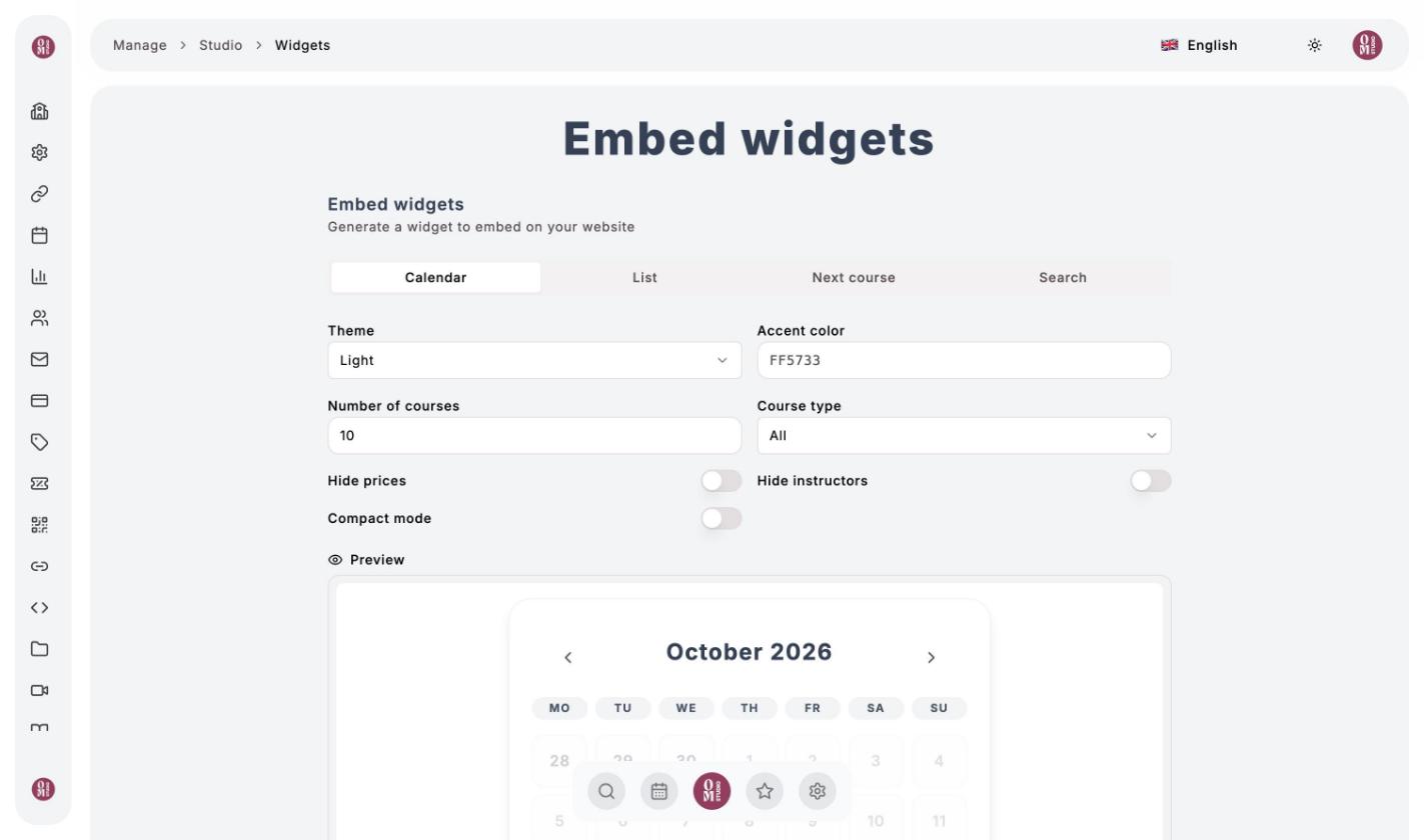 Embed widgets: Calendar type, theme, accent color and preview