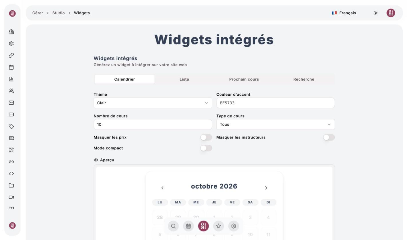 Widgets intégrés : type Calendrier, thème, couleur d'accent et aperçu